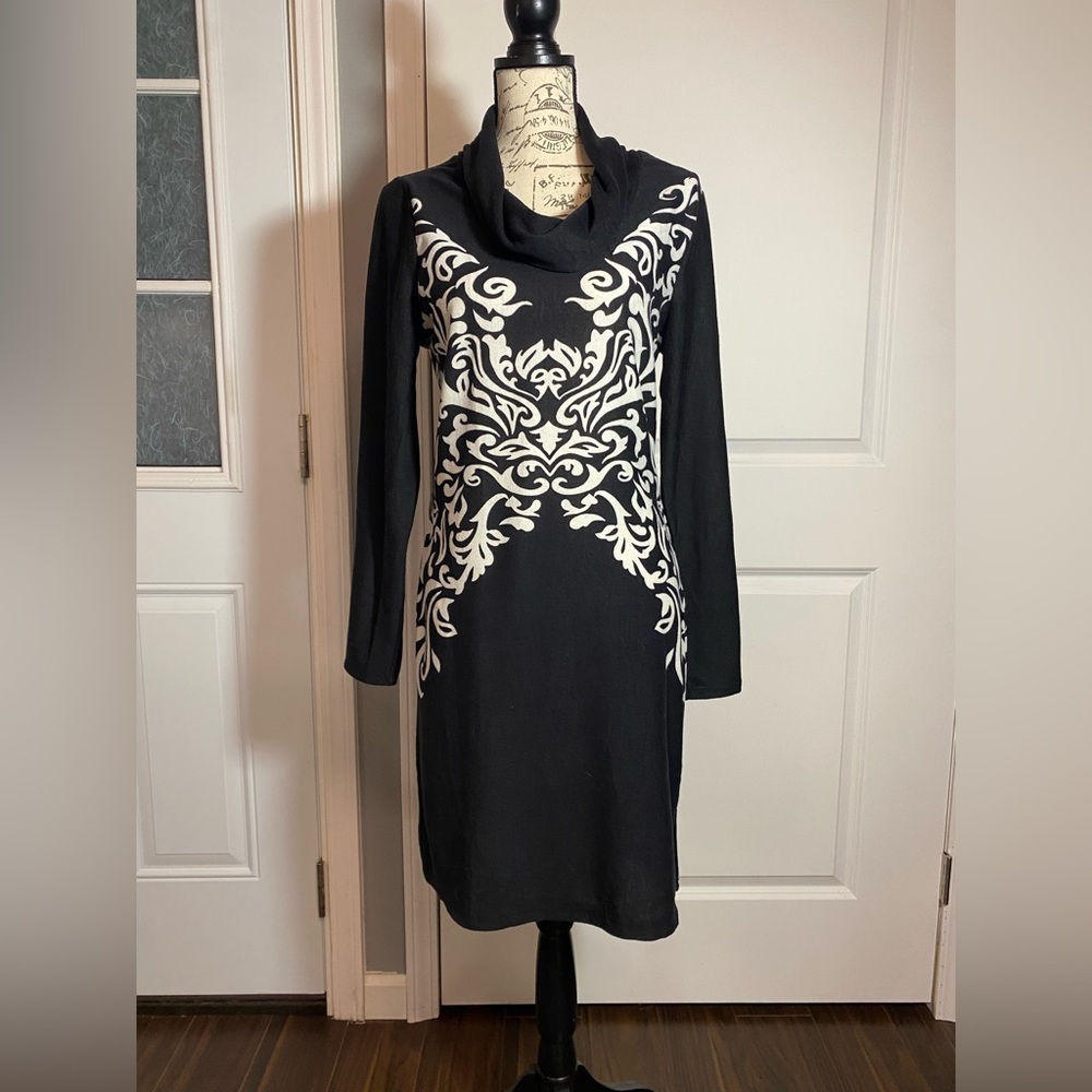Stitch Btween Black and White Patterned Long Sleeve Cowl Neck Dress Large/L L‎